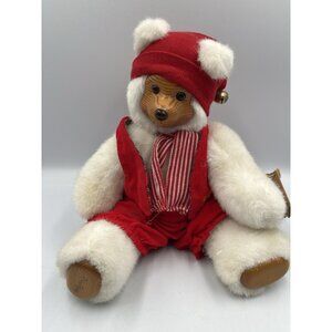 VTG Raikes Santas Elf Bear Red Clothes Carved Wooden Face Plush Stuffed 12" 1989